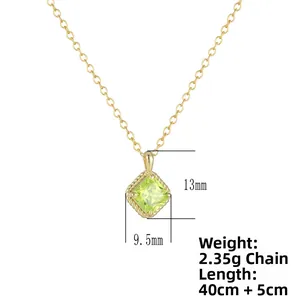 Detail view of square green zircon pendant with 13mm height and 40cm gold necklace chain