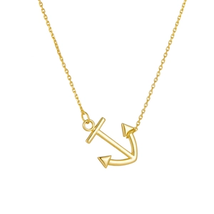 Polished gold anchor pendant necklace with a delicate link chain on white background