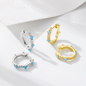 Elegant s925 silver hoop earrings with blue opal and sparkling zircon stones