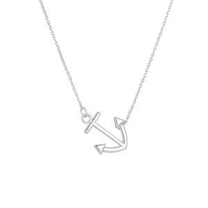 Detailed close-up of a silver anchor pendant with a polished finish on a fine cross chain