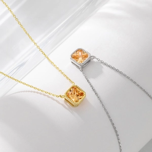 Minimalist S925 silver square pendant necklaces with champagne zircon in gold and silver