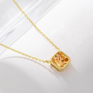 925 Sterling Silver Square Champagne Zirconia Pendant Necklace For Women Light Luxury Minimalist Geometric Clavicle Chain Jewelry Gift