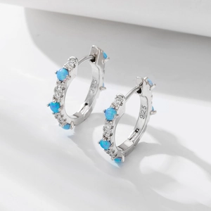 Elegant S925 sterling silver hoop earrings with blue opal and white cubic zirconia accents