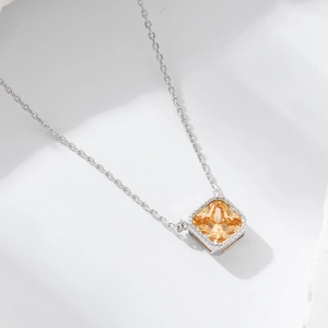 Minimalist S925 sterling silver necklace with square orange cubic zirconia pendant