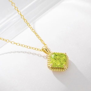 925 Sterling Silver Geometric Square Green Zirconia Pendant Necklace For Women Elegant Gold Silver Plated Clavicle Chain Jewelry