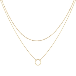 Detailed view of layered gold satellite chain with minimalist round geometric circle pendant