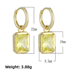 Detail showing 22mm gold-plated S925 silver earrings with rectangle yellow zircon pendant