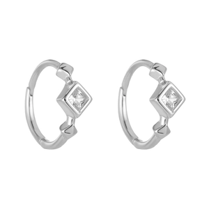 Detail of square zircon stud earrings with s925 silver geometric leverback design