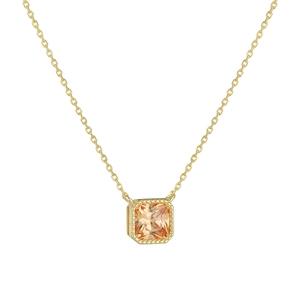Macro view of square champagne zircon pendant with gold beaded edges on S925 silver chain