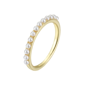 Detail of thin gold-plated ring band set with twelve elegant white pearls on top