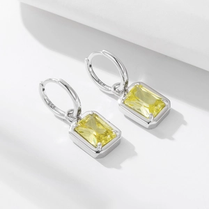 Elegant 925 sterling silver hoop earrings with a yellow rectangular zircon pendant charm