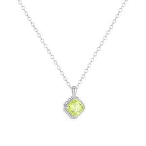 Close-up of geometric square green zircon pendant with rope textured silver bezel