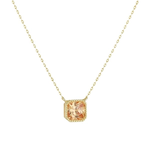 Minimalist S925 silver necklace with square champagne zircon pendant and beaded edge detail