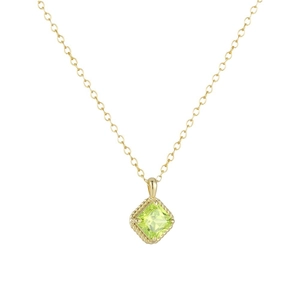 Geometric gold necklace with square green zircon pendant and twisted rope border