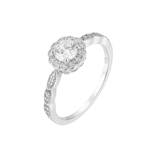 Macro detail showing S925 hallmark on the inner band of a silver floral zirconia ring