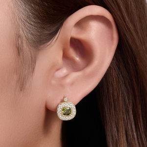 S925 silver vintage olive green zircon stud earrings with halo of white crystals
