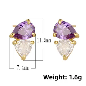 Detailed view of pear-shaped purple and clear cubic zirconia studs measuring 11.5x7.4mm