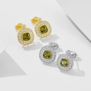 S925 sterling silver olive green zircon halo stud earrings in gold and silver finish
