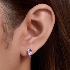 S925 silver stud earring with heart-shaped pink zircon and multi-color gemstones