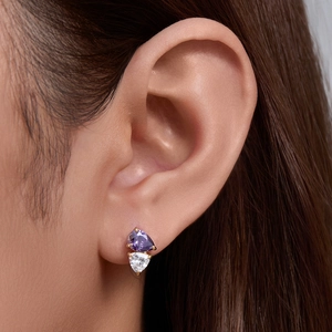 S925 silver pear-shaped purple zircon stud earrings with triangular white stone detail