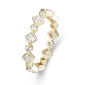 Gold geometric eternity ring with square and round cubic zirconia stones on white background
