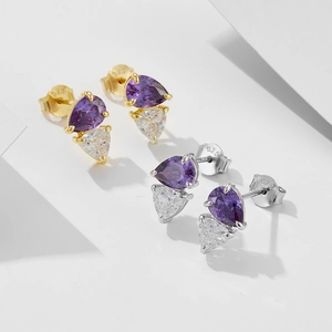 Elegant S925 silver pear-shaped purple zircon drop earrings in gold and silver finishes