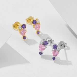 S925 sterling silver stud earrings with heart-shaped pink zircon and colorful gems