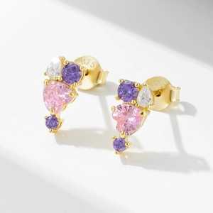 925 Sterling Silver Heart Shaped Pink Rhinestone Stud Earrings For Women Light Luxury Elegant Cubic Zirconia Style Jewelry Gift