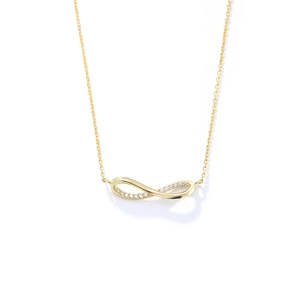 Golden Mobius infinity necklace with sparkling zircon pavé on a minimalist chain