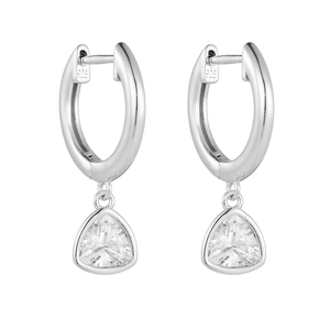 Detailed shot of S925 sterling silver earrings with triangle-cut zircon pendants