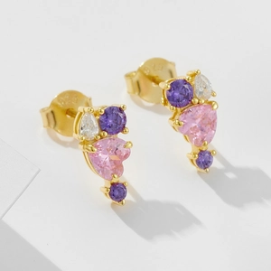 Macro shot of S925 silver heart pink zircon earrings with luxury gold base details