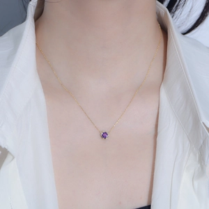 Elegant 925 sterling silver hexagonal amethyst pendant necklace on model with white shirt