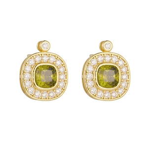 Vintage gold s925 silver earrings with olive green zircon and pavé crystal halo