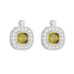 Detail of S925 silver stud earrings featuring olive green zircon in a halo setting