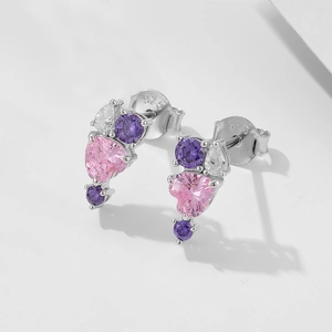 Elegant S925 sterling silver studs with pink heart, purple round and clear pear zircons