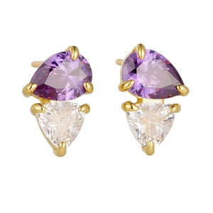 S925 silver pear-shaped purple zircon earrings with white triangular crystal accents