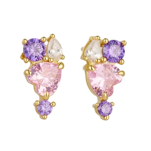 S925 silver stud earrings with pink heart zircon and multi-colored gemstones in gold finish