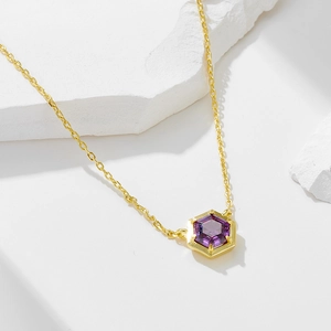 925 Sterling Silver Purple Zircon Hexagon Pendant Necklace Gold Plated Minimalist Geometric Jewelry For Women Gift