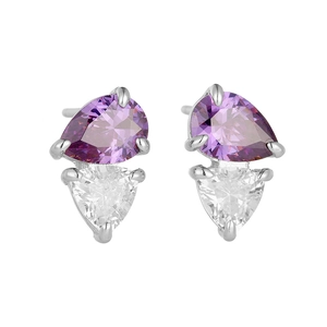 Detail of s925 silver studs with purple pear and clear triangle cubic zirconia stones