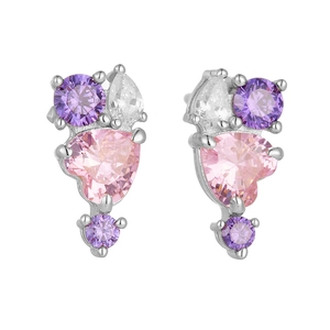 Detailed view of s925 silver studs featuring heart-shaped pink and purple zircon stones