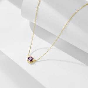 Minimalist 925 sterling silver hexagon purple amethyst pendant necklace in gold finish