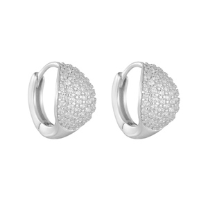 Detailed view of sterling silver hoop earrings with pavé set cubic zirconia stones