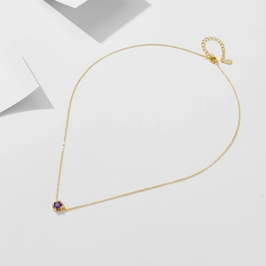 S925 silver hexagonal amethyst pendant necklace with gold chain on white aesthetic paper