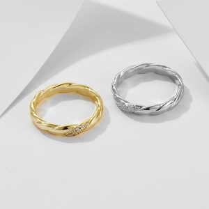 S925 sterling silver twisted rope rings with micro-set diamonds in gold and silver finish