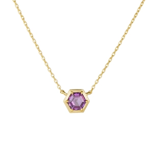 Minimalist 925 sterling silver necklace with a hexagonal purple amethyst pendant in gold