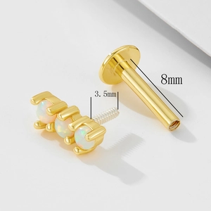 Detailed view of 925 silver labret featuring three white opals and 8mm flat back bar