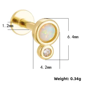 Macro view of 925 silver opal and cubic zirconia ear stud with 1.2mm gauge and 0.34g weight