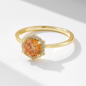 Anello Halo in Argento Sterling 925 con Zirconia Champagne per Donna Design Minimalista Fidanzamento Matrimonio Gioielli Eleganti Anello al Dito
