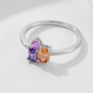 S925 silver ring with three multicolor zircons in pink, purple, and orange stones