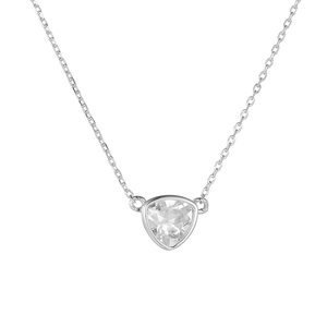 Close-up of a s925 sterling silver necklace featuring a geometric triangle zircon pendant
